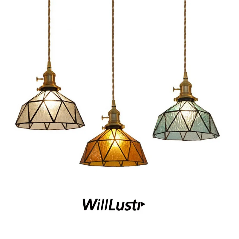 

Retro Handmade Glass Pendant Lamp Creative Patchwork Suspension Light Hotel Cafe Aisle Beside Copper Hanging Ceiling Chandelier