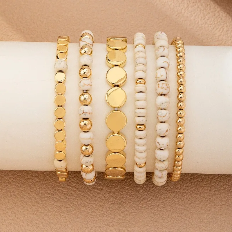 Bohemian White Howlite Stone Beaded Bracelets Multi‑layer Gold Metal Bead Stackable Bracelet Women Fashion Jewelry