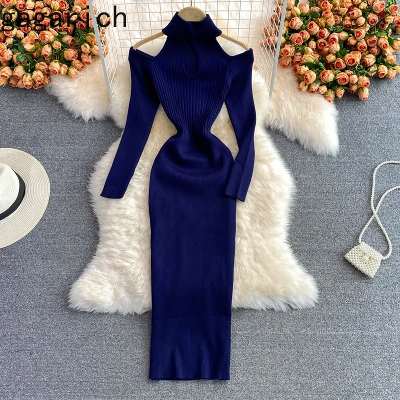 Gagarich Woman Chic Knitting Dresses 2025 Autumn New Ins Stand-up Collar Tight-fitting Hollow Out Hip Strapless Stretch Vestidos