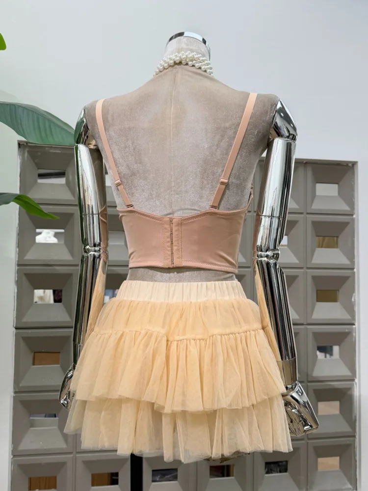 DFDG Dames Lente Zomer Beige Kant Cami Tule Rok Set Gelaagde Zoom Vrijetijdskleding 2025, Trendy Vrouwelijke Mode Outfit Set