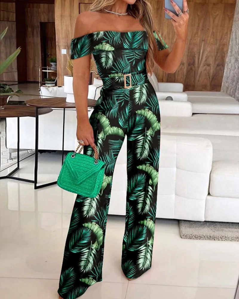 

2023 Women Elegant Allover Print Slash Collar with Belts Straight Leg Working Jumpsuit