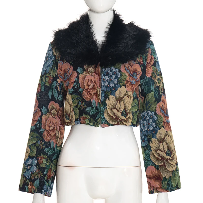 Vintage-Jacke mit floralem Jacquard-Patchwork, Pelzbesatz, langen Ärmeln, kurz geschnitten und tailliert. – Detail 7