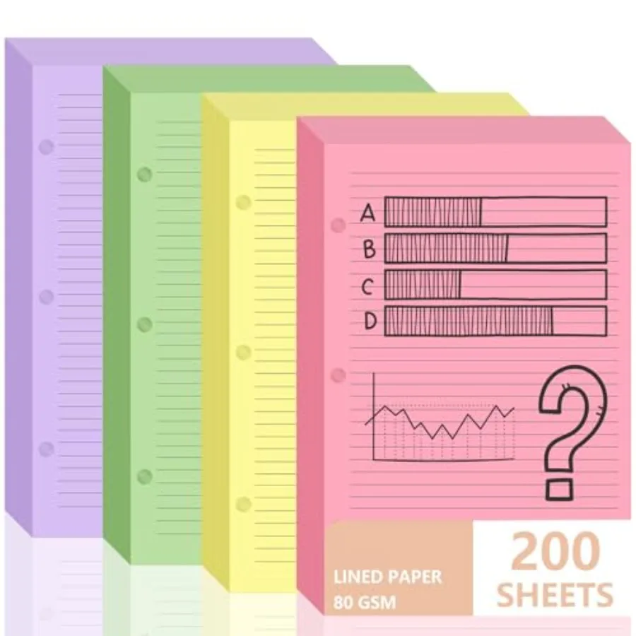

200 sheet Half Letter Paper 3 Hole Punch 5-1/2 x 8-1/2 College Ruled Loose Leaf Notebook Paper Refills Paper Colored Wide Ruled