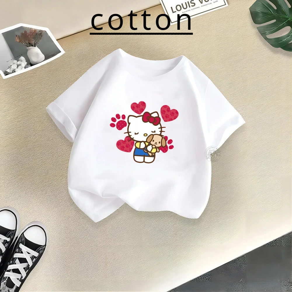 Cute Girl Sanrio Clothing Summer Fashion Hello Kitty Cotton T-shirt Baby Tee Girl Playful Cartoon Comfortable Casual Kid Tops