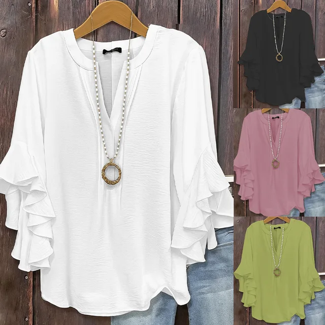 Blusa Feminina de Chiffon com Decote em V, Manga com Babado, Decote Dividido, Punho em Camadas e Efeito Flare, Casual e Solta
