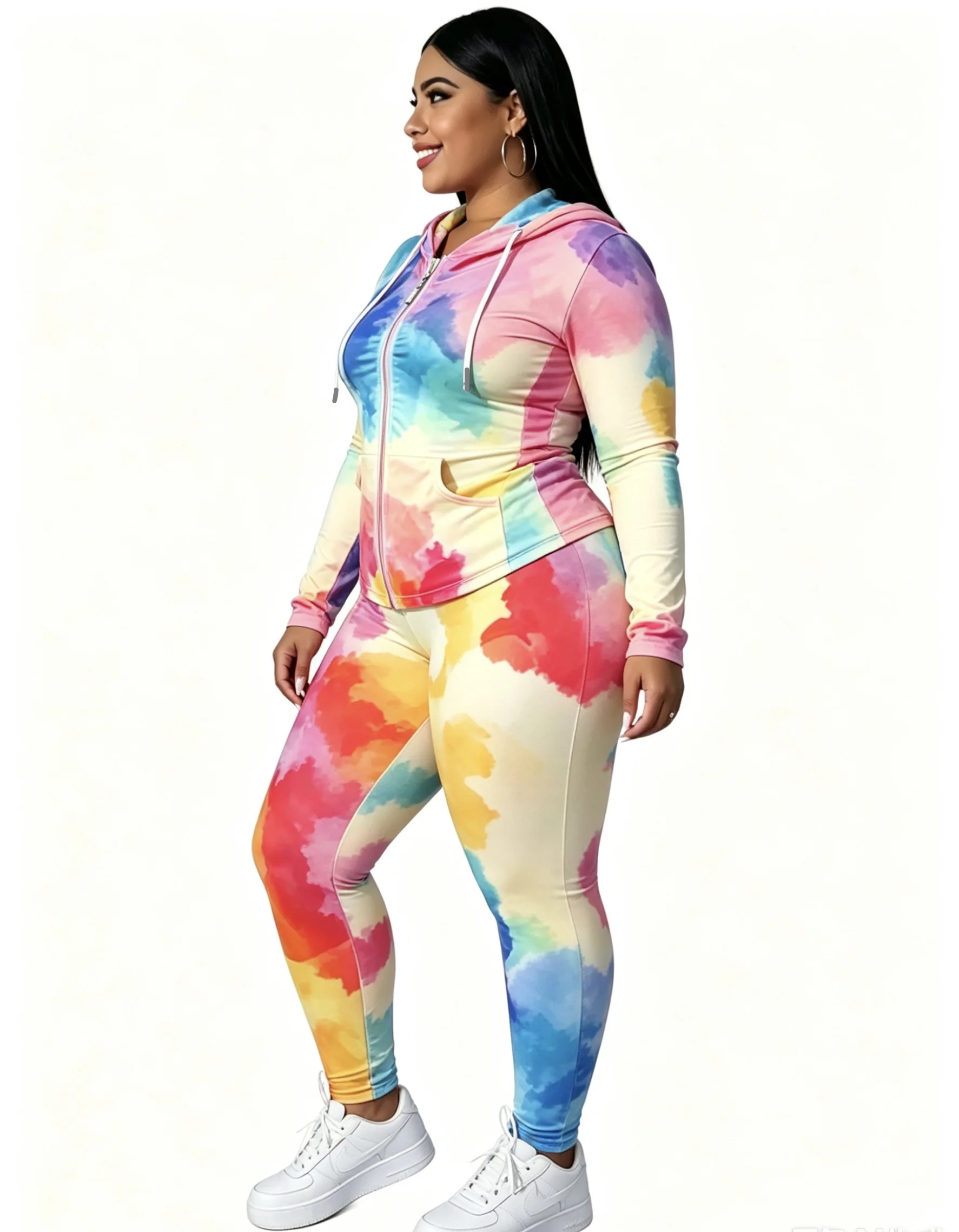 Plus Size Women Tie Dye 2 Piece Outfit Set, Zip Up Hooded Jacket + High Waist Leggings Tracksuit