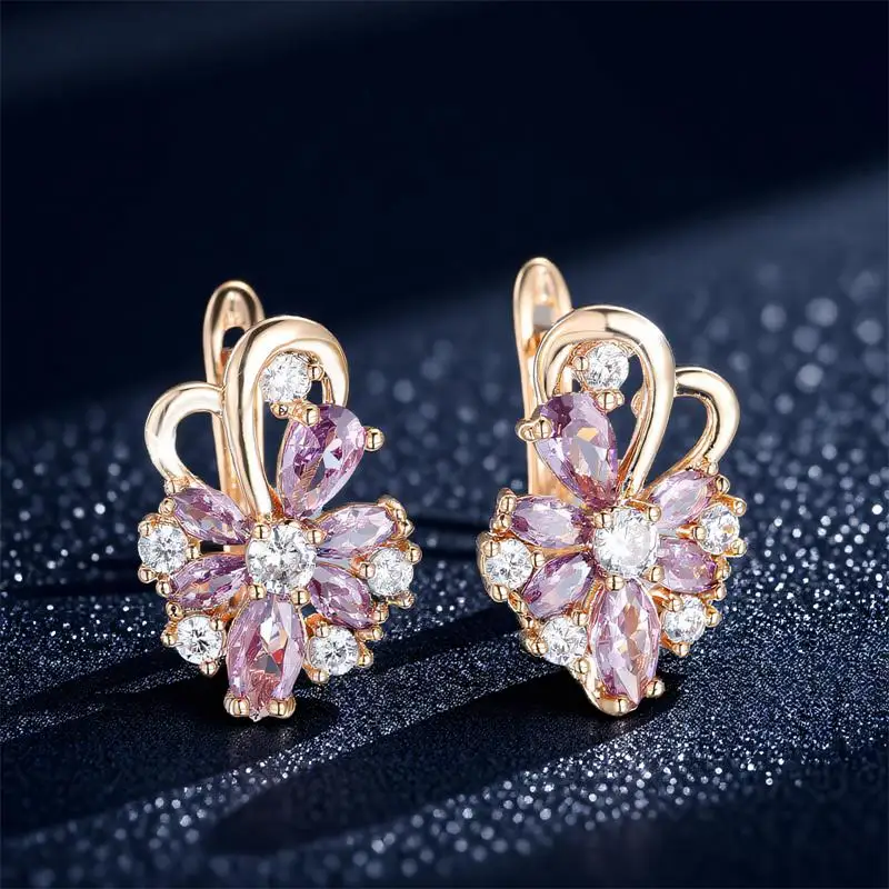 Cute Female Purple Zircon Stone Hoop Earrings Fashion Gold Color Wedding Jewelry For Women