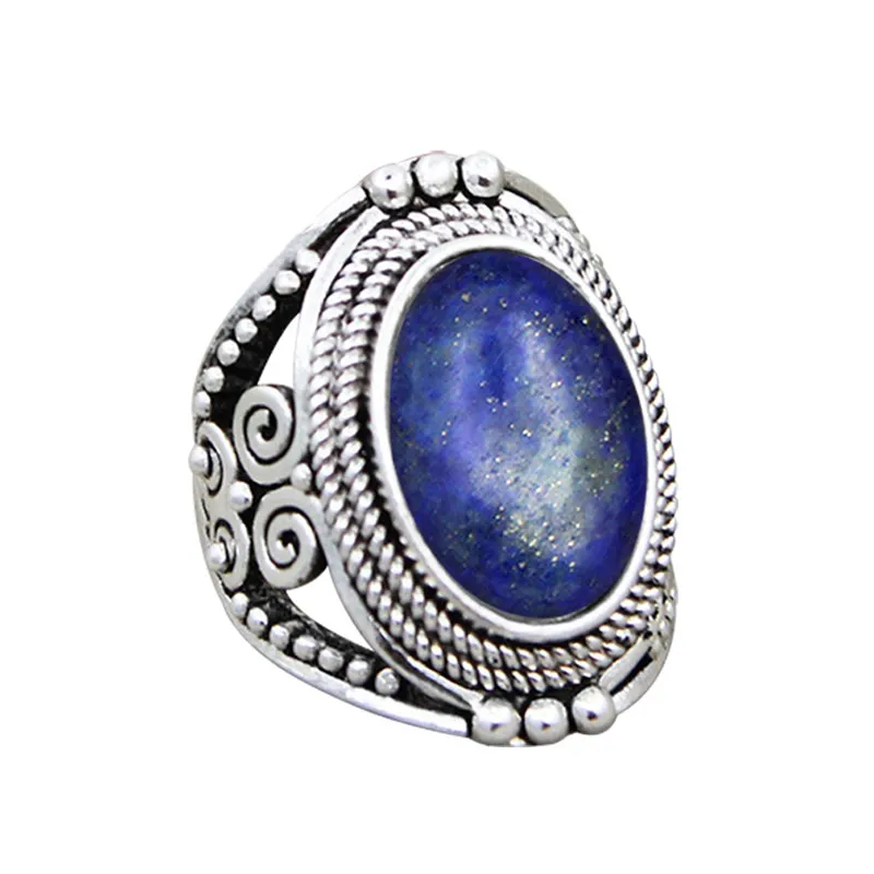 Oval Lapis Lazuli Rings For Women Natural Stone Flower Rings Vintage Antique Silver Plated Fashion Jewelry TR622