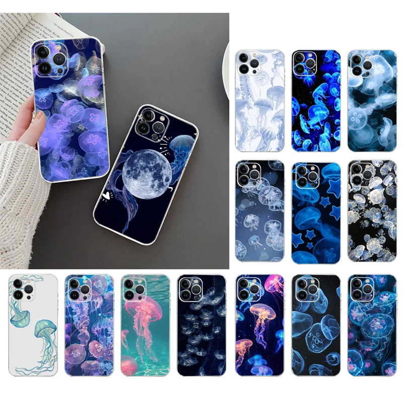 

Blue Ocean Animals jellyfish Phone Case For iPhone 17 Pro Max Air 16 15 14 13 Pro Max 15 16 Pro 15Plus Silicone Cover