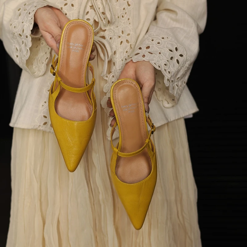 

NEW Summer Women Mules Genuine Leather Shoes for Women Pointed Toe Chunky Heel Shoes Cover Toe Slingback Slippers Slip-on Shoes