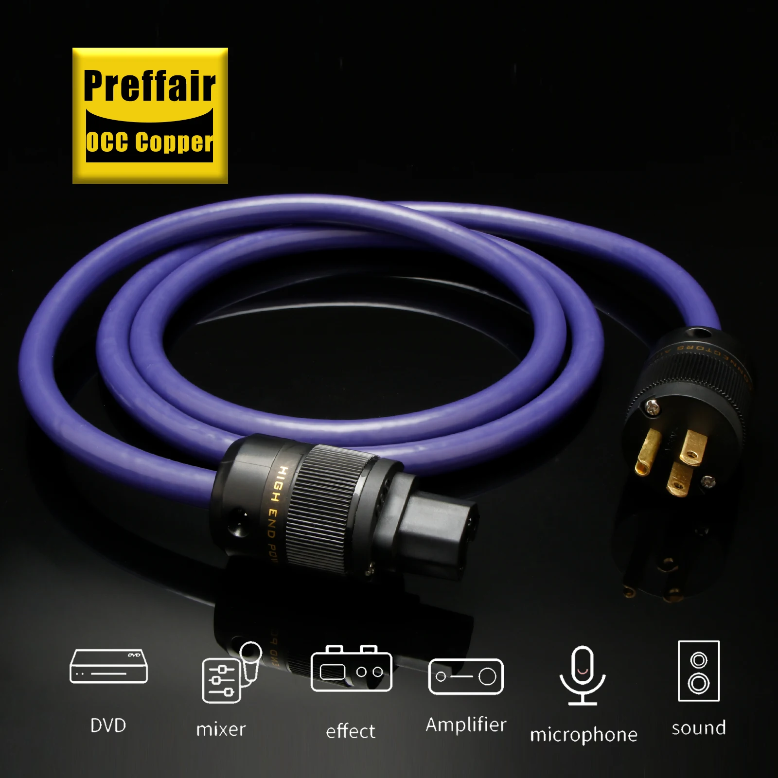 Preffair D523C078 US/AU/EU C15 Power Cable 5N OCC Copper Conductor 13AWG 3-Core Twisted 100% Shielded Cords Gold-Plated Plug