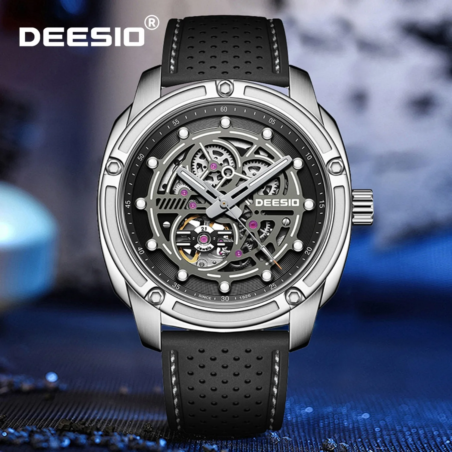 

Deesio Men's Automatic Mechanical Skeleton Watch Luminous Hands Stainless Steel 50M Waterproof Luxury Sports Style Casual Watch