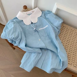 Japanese Style Korean Summer New Blouses Women's Patchwork Striped Pocket Lace Button Peter Pan Collar Loose Short Sleeve Shirts