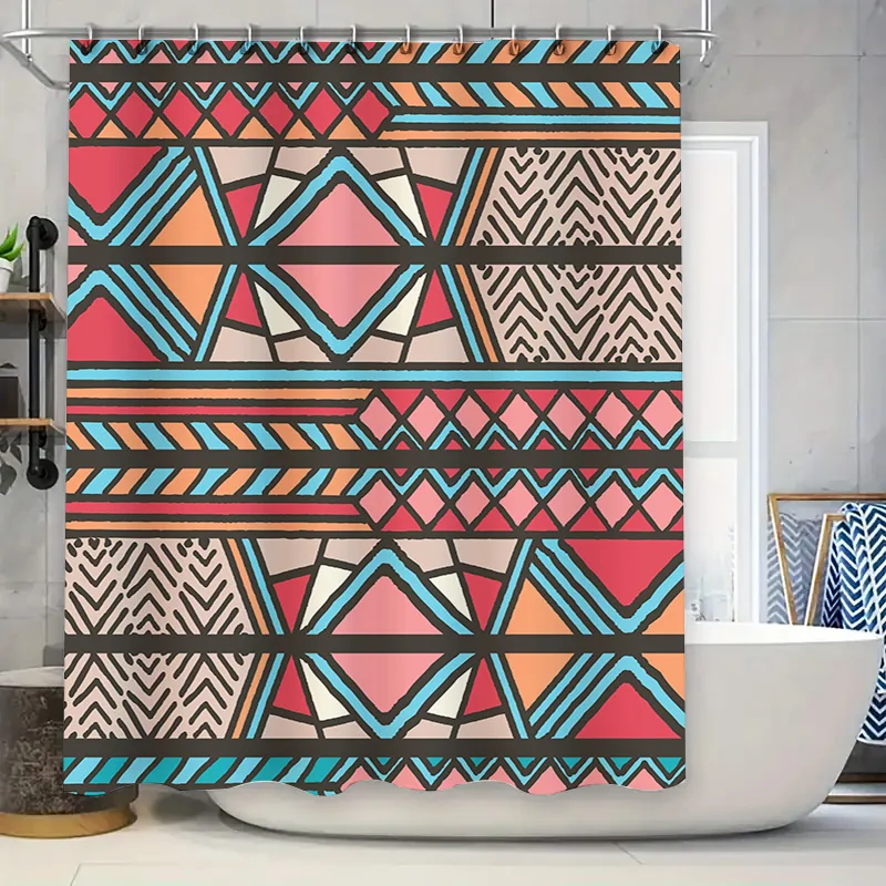 

Modern Geometric Bath Mat Shower Curtain SetBold Colorful Blue Pink White Decorative Waterproof Fabric for Bathroom Home Decor