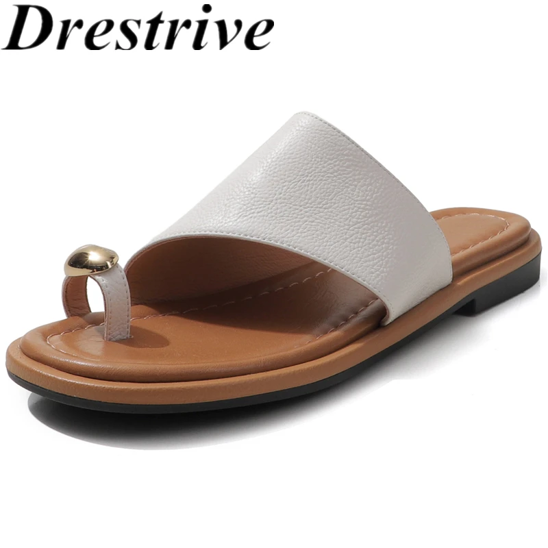

Drestrive 2026 Fashion Handmade Women's Slippers Sheepskin Round Toe Thick Low Heels Flip Flops Summer Shoes