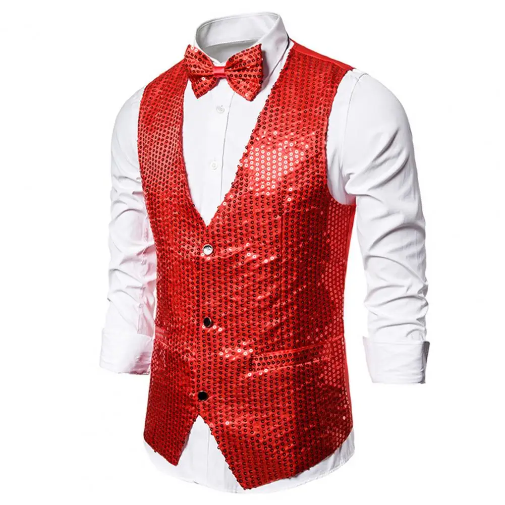 Men Sequin Vest Shiny Sequin Men's Vest Bow Tie Set for Retro Disco Wedding Party V Neck Waistcoat with Pockets Polyester Men