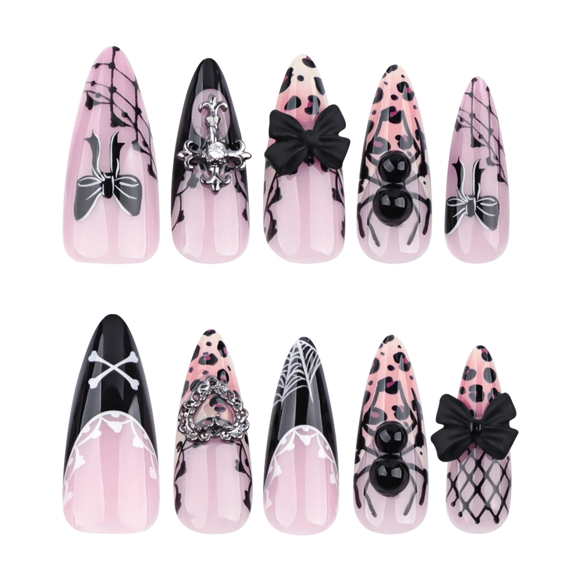 24pcs Gothic Spice Girls Press on Nails Y2k Black Spider Bow Design French False Nails European Leopard print Fake Nail Tips