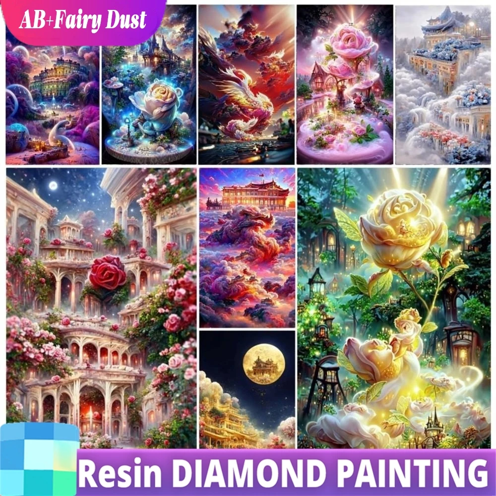 Resin AB Fairy Dust Fantasy Rose DIY Diamond Painting Kits Chateau Montrose Dream Flower Full Drill Gift Home Decor