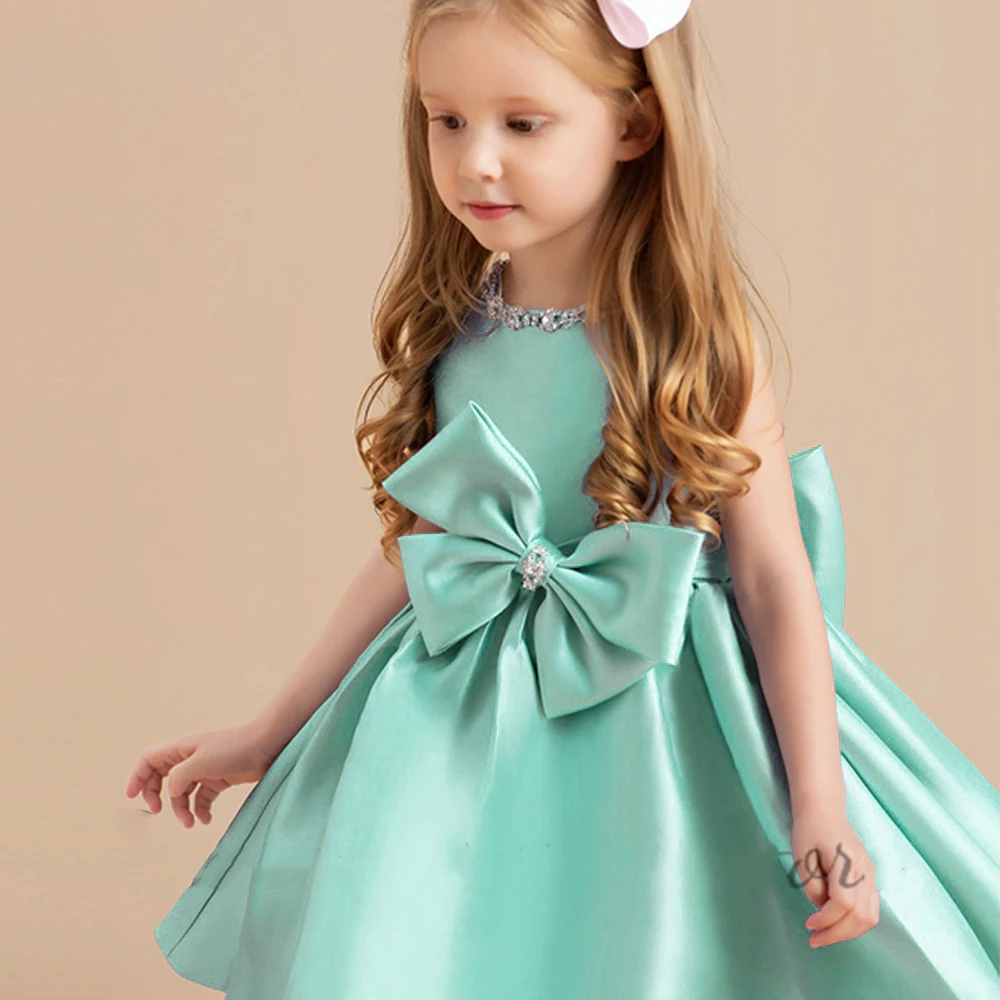 Blue Satin Beaded Flower Girls Dress for Wedding O-Neck Sleeveless Mini with Bow Short Cute Baby Birthday Gowns Party Dress