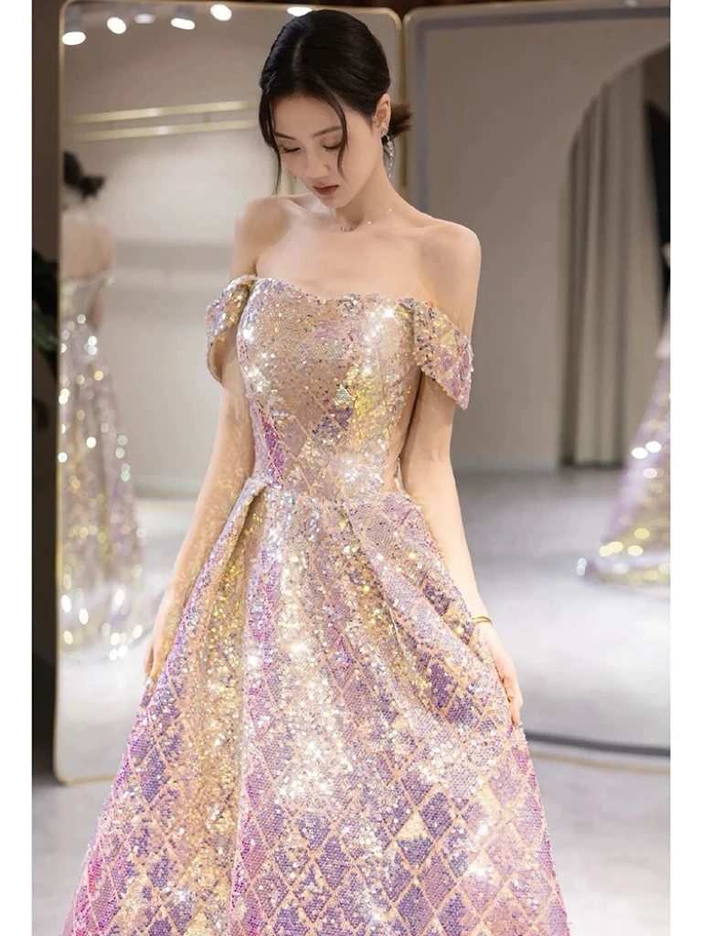 Shiny Pink Sequins Prom Dresses Boat Neck Off The Shoulder A-line Bling Bling Chapel Train Woman Celebrity Evening Gowns 2024