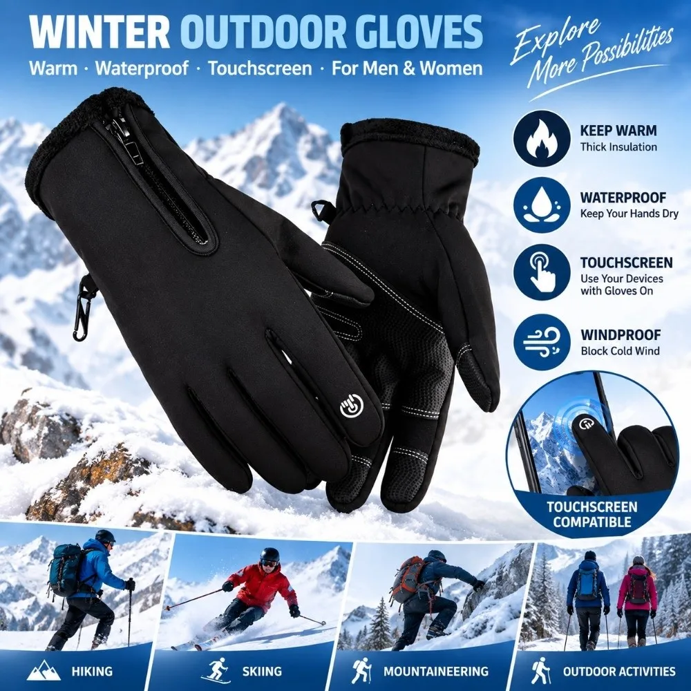 Waterproof Men's Black Winter Gloves with Zipper Touch Screen Thermal Cycling Gloves Windproof Elastic Cuff Winter Sports Gloves