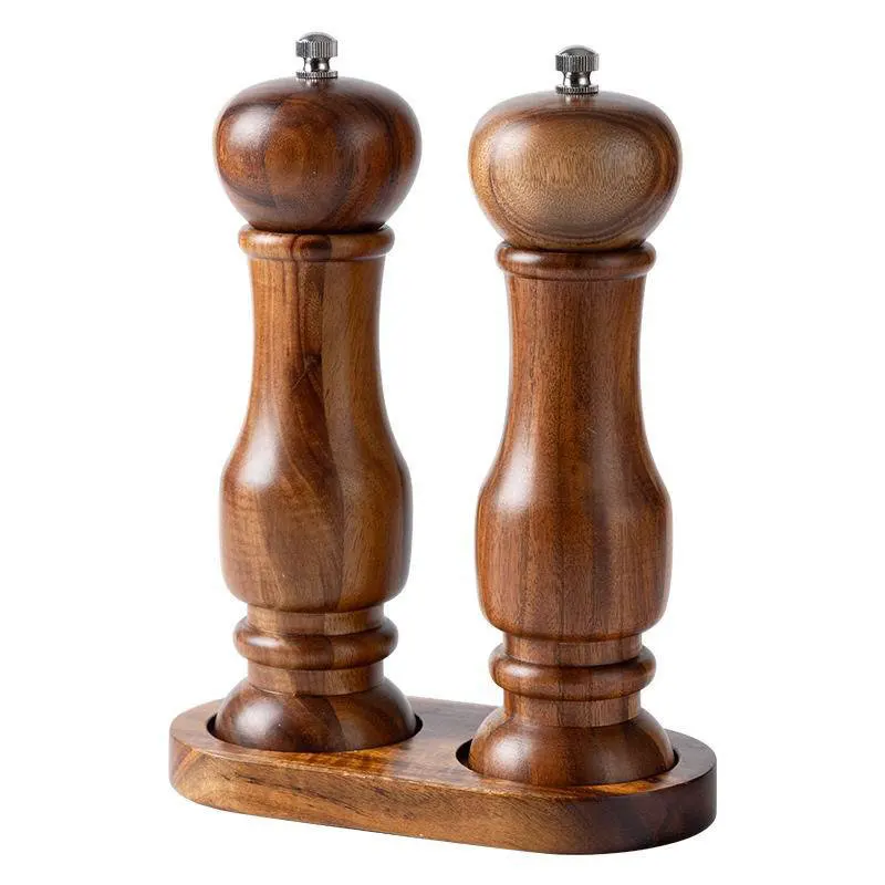 7-inch Manual Small leaved Acacia Wood Pepper Grinder Sets BBQ Spices Shaker Kitchen Seasoning Bottle Sea Salt,Black Pepper Mill