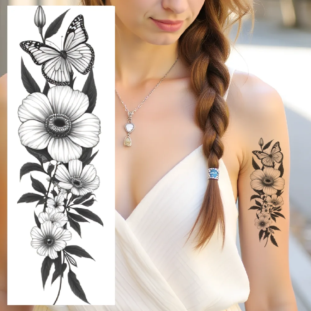 

12pcs Temporary Tattoo Flower Cluster Waterproof Long-lasting Body Stickers Floral Bouquet Hibiscus Flowers For Male Adult