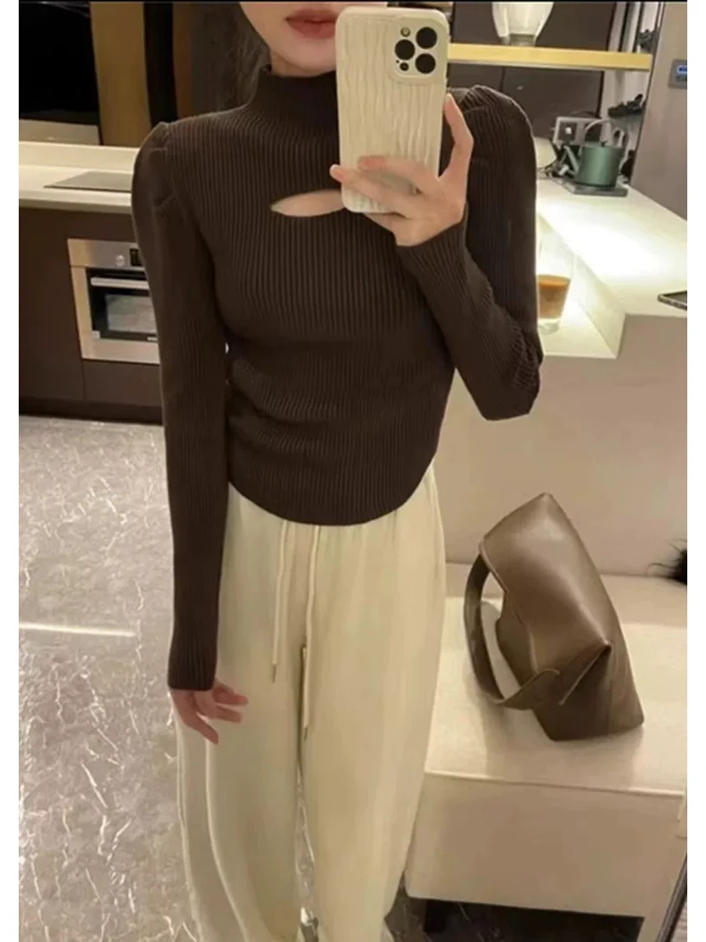 Pull tricoté à col haut pour femme, rouge ajouré, coupe cintrée, vêtements intérieurs pour automne et hiver, Busin décontracté