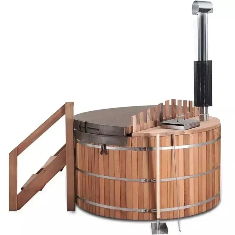 Custom Size Canadian Red Cedar Wood Hot Tub Outdoor Wood Fired Hot Tub Spa with Ladder and Cover