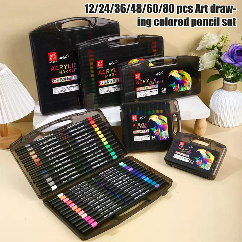 12/24/36/48/60/80PCS Colors Soft Headed Different Color Acrylic Marker Pen, Color Art Graffiti Pen, Waterproof, Opaque