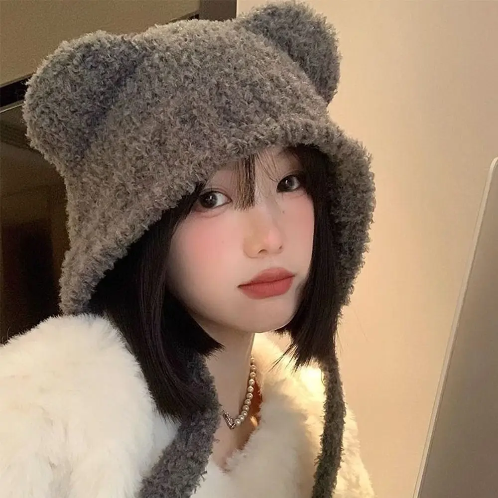 Cute Lace-up Bear Ears Knit Hat Warm Cold-proof Ear Protection Hat Fleece Lined Slouchy Beanie Cap Winter