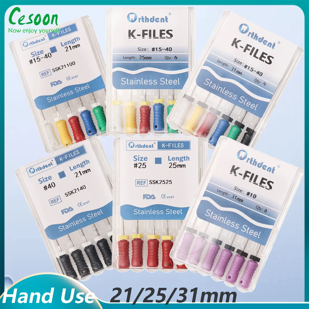 

Dental K-Files Hand Use 21mm 25mm 31mm Stainless Steel Endo Root Canal Files Colorful Tools Dentistry Lab Instruments 6Pcs/Pack