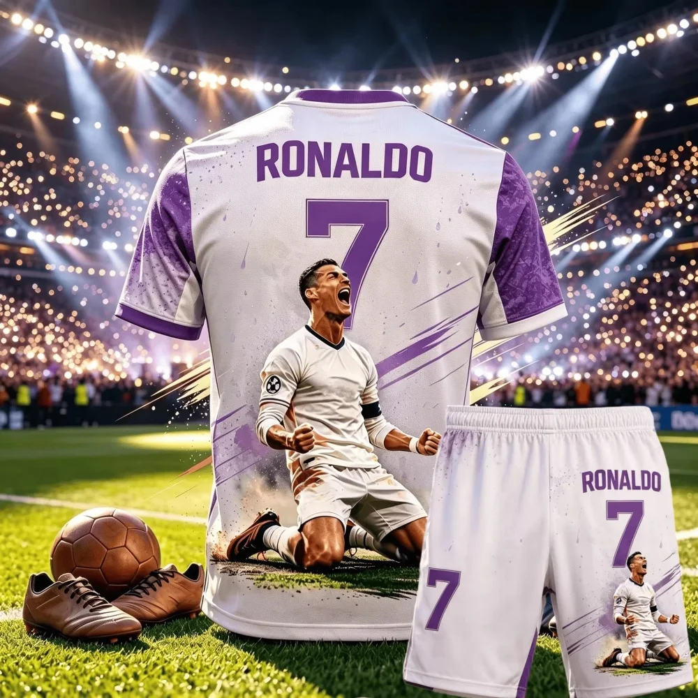 CR7 Ronaldo Nr. 7 Fußball-Outfit für Erwachsene und Kinder, 3D-Druck, Trikot, Shorts, zweiteiliger Sportanzug für Fans, Eltern-Kind-Kleidung – Detail 8