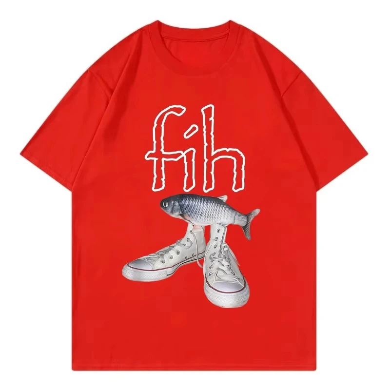 مضحك نمط جديد رائجة البيع Fih أحذية الجرافيك تي شيرت Misspelled الأسماك ميمي تي شيرت الرجال النساء موضة عادية تي شيرتات قصيرة الاكمام #4