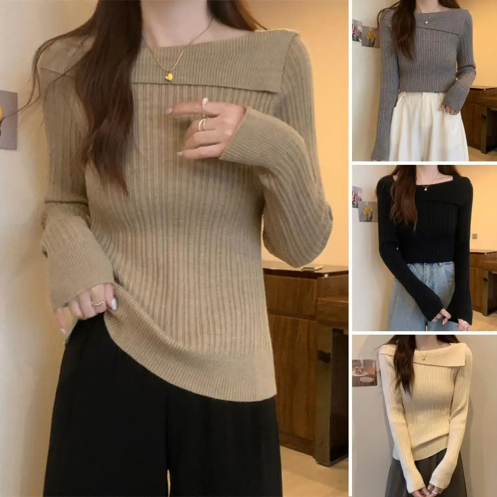 Top da donna a maniche lunghe Elegante maglione lavorato a maglia con scollo a barca irregolare per donna Camicetta pullover morbida e calda con