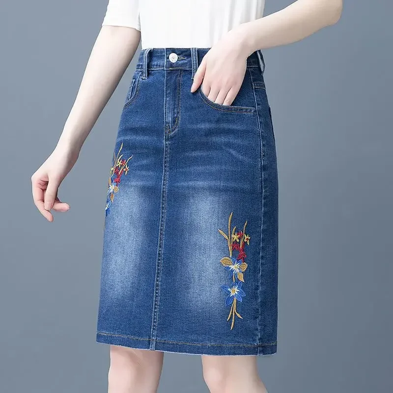 Women's Blue Embroidery Floral Denim Midi Skirt Korean Fashion Casual A-line Jean Skirts 2025 Summer