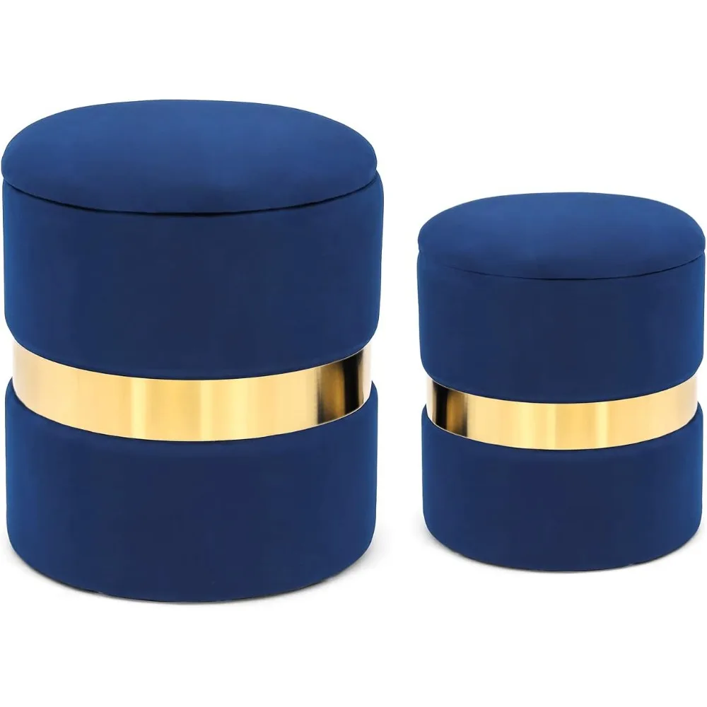 

Footstool with Storage (Set of 2), Round Velvet Storage Footstool for Living Room, Makeup Vanity Stool for Bedroom, Blue