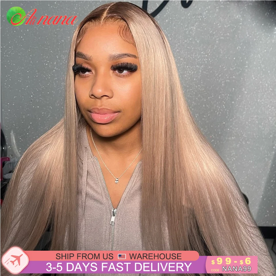 Ombre Ash Blonde 13X4 Transparent Lace Frontal Wig Straight Blonde With Brown Roots Wig Lace Front Wig Human Hair For Women