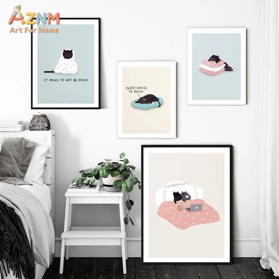 AZNM Frameless Canvas Wall Art, Cute Lazy Black Cat Watercolor Print, Soft Pastel Positive Mental Health Quote Kitten Illustrati