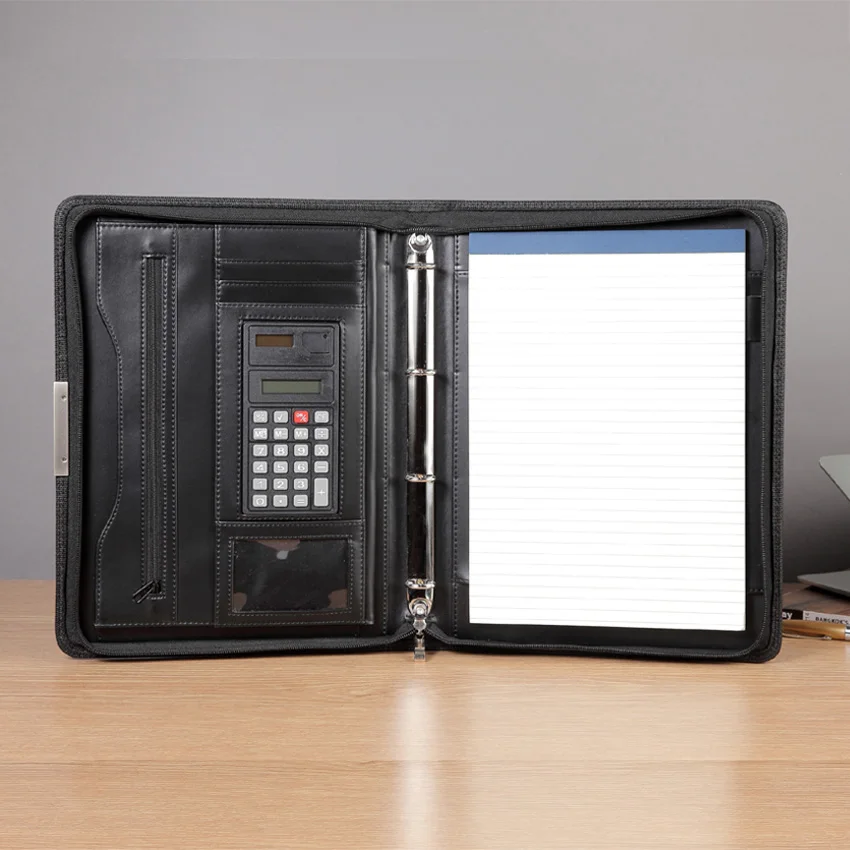 Multifuction A4 PU leather padfolio manager bag with zipper calculator ring binder portfolio documents folder case organizer