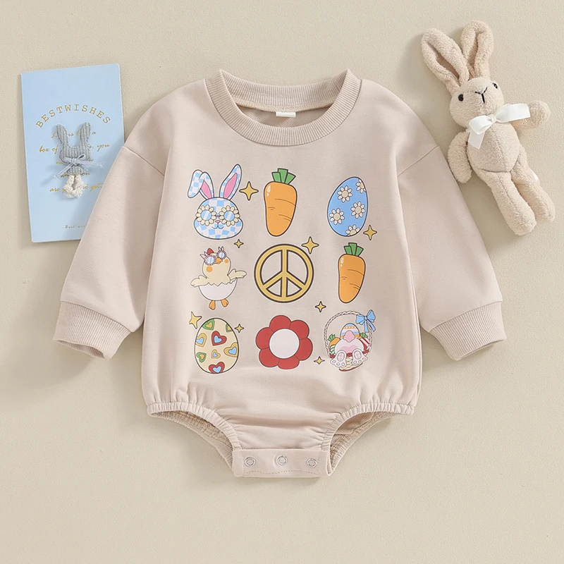 Combinaison de lapin de Pâques pour bébé, manches longues, col rond, imprimé carotte et œuf, barboteuse décontractée pour tout-petits, bébés garçons et filles