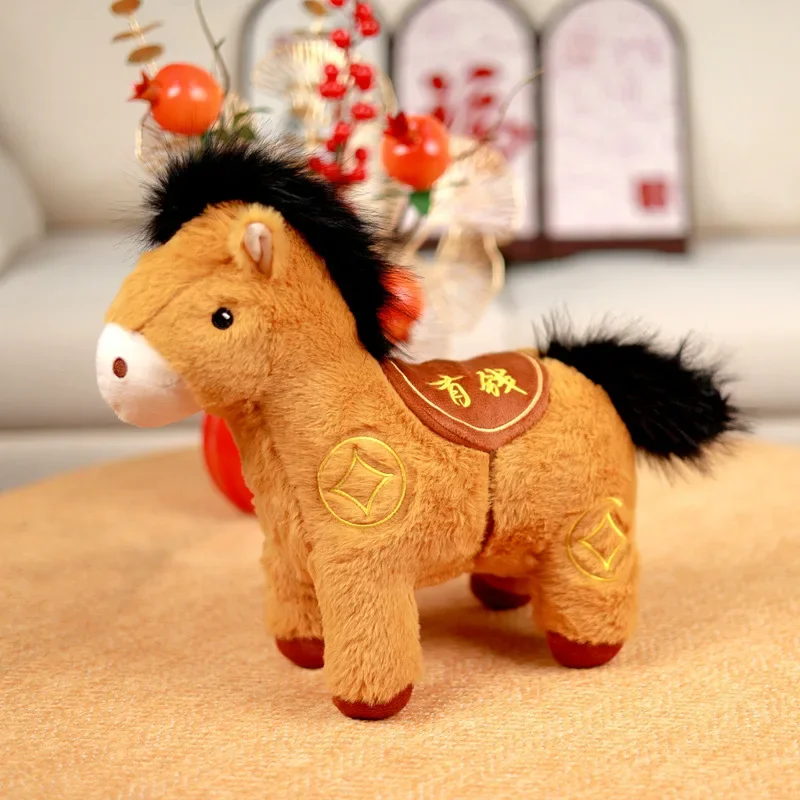

New Year Mascot Copper Coin Pony Plush Toys Stuffed Lifelike Standing Blessing Little Horse Doll Cute Desktop Decor Nice Gift
