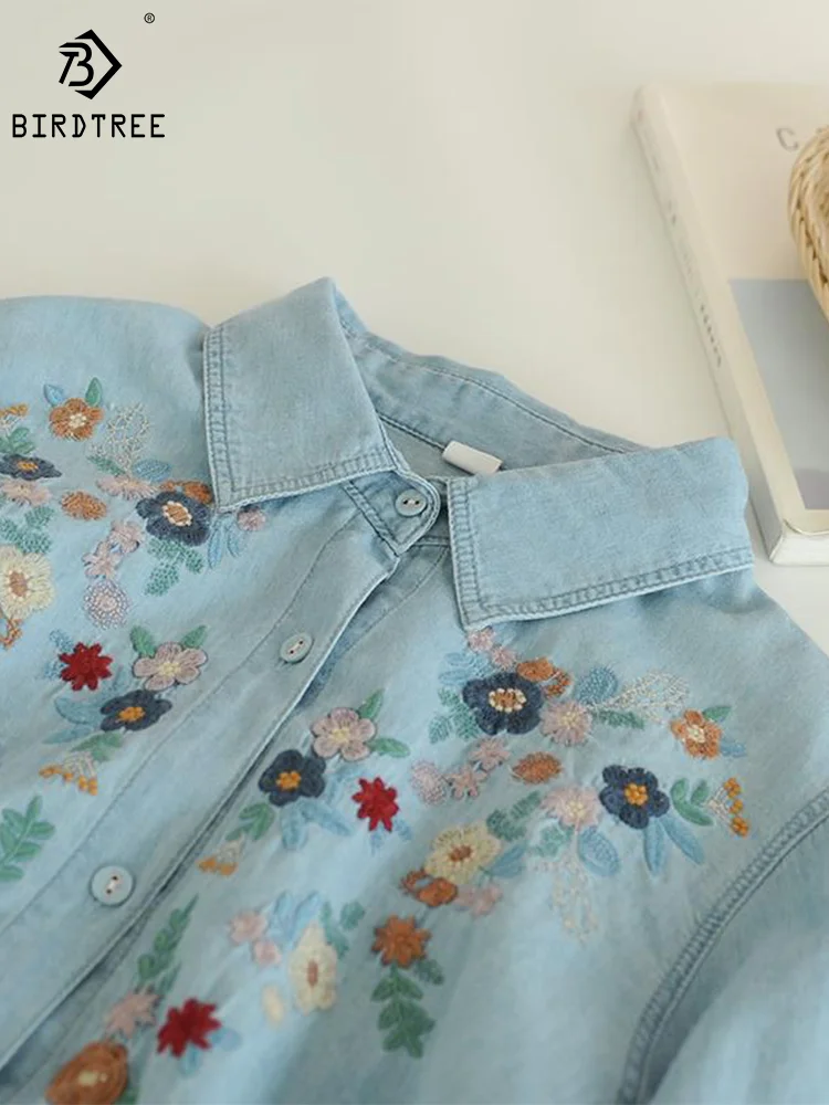 New Autumn Cotton Denim Shirts Women Basic Embroidery Top Girl Polo Collar Flower Long Sleeve Cute Casual Blouse Spring T39230QM