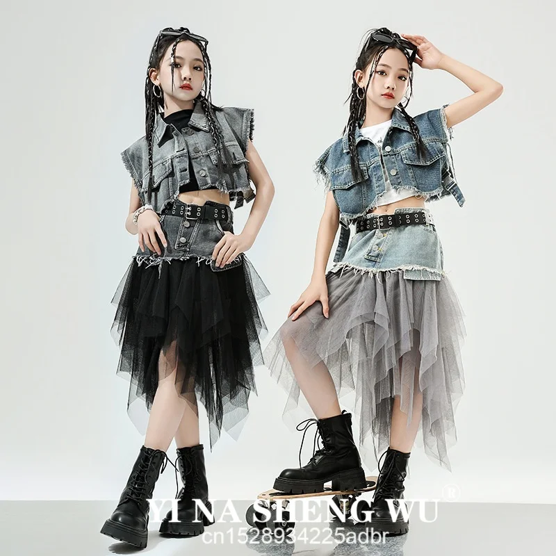 4Pcs Mädchen Hip Hop Kleidung Denim Ärmellose Jacke Weste Top Straße Patchwork Mesh Rock für Kinder Jazz Dance Kostüm Kleidung set