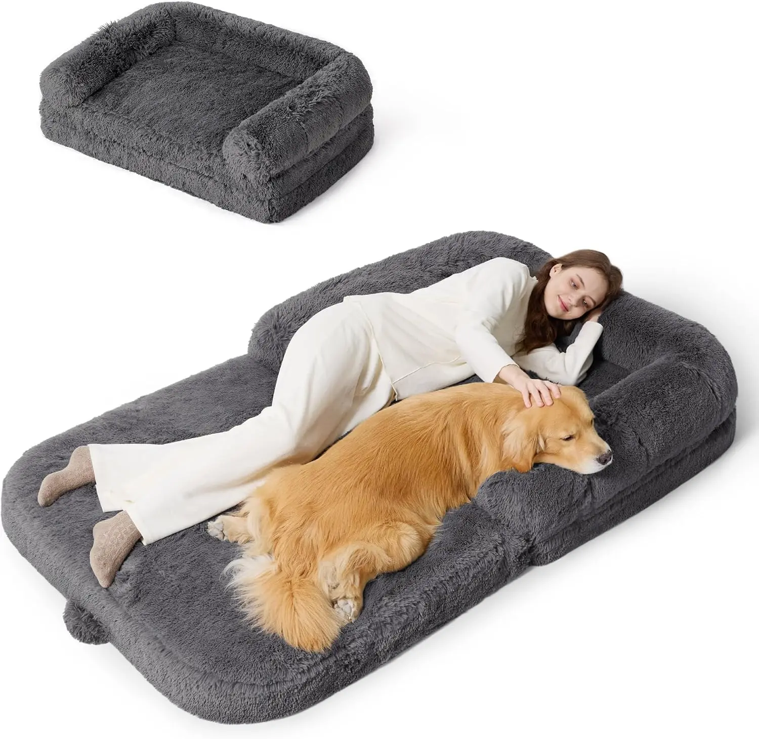 

Foldable Human Dog Bed - 2-in-1 Orthopedic Giant Bed with Waterproof Liner, Supportive Bolster, Dark Grey