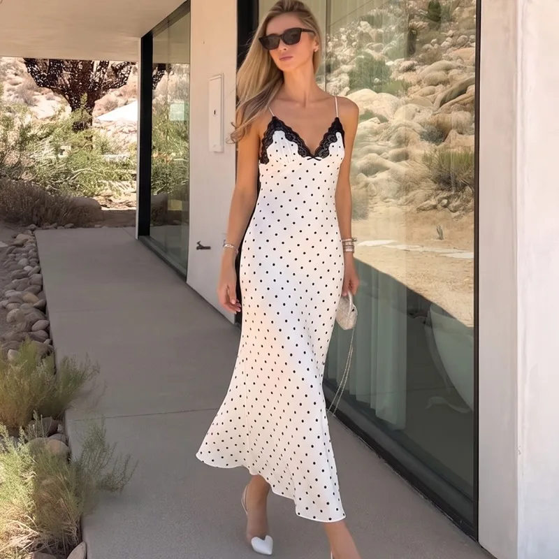 

Talenza White Lace Long Dress Female Sexy Lace Backless Polka Dot Print Dress Fashion Summer Party Vacation Women's Casual Dress