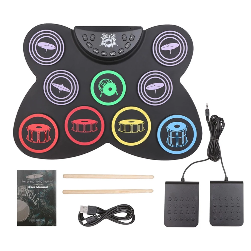 Electronic Drum Set USB Roll-Up Silicon Drums Pad Digital Foldable Electric Portable Compact Size Kit Hand Practice With Pedal