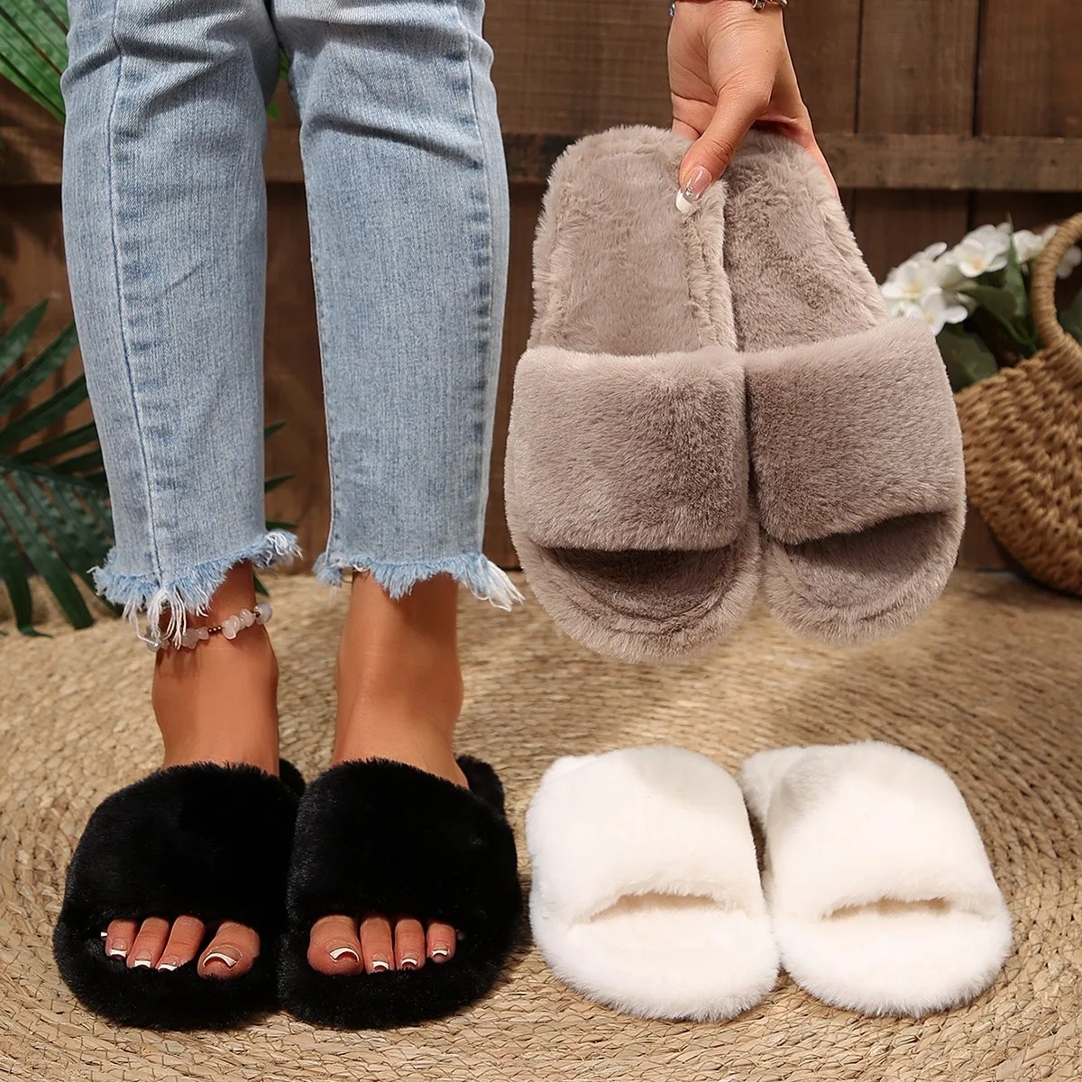 New Winter Women Fashion Solid color Plush House Slippers Soft comfortable Furry Open Toe Non Slip Cotton Slippers Slides Female