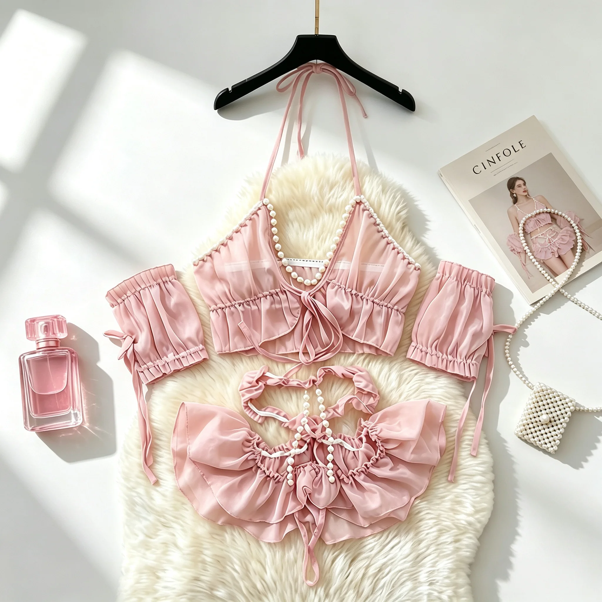 Sweet Cute Butterfly Mesh Skirt Cosplay Bride Pearl Nightgown Women's Sexy Lingerie Wedding Dress Couples Costume Pink