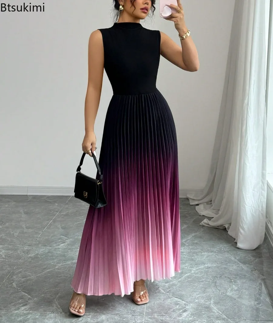 2026 New Women's Elegant Gradient Maxi Dresses Fashionable Sleeveless Slim Pleated Long Skirts Spring Summer Evening Party Dress